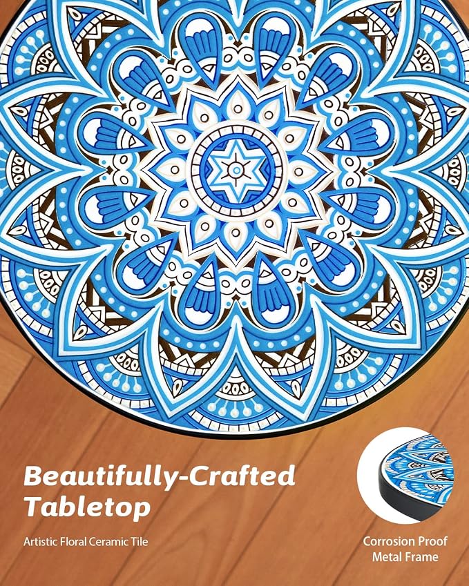 VONLUCE Outdoor Side Table and Mosaic Plant Stand, 21" Round End Table with 14" Ceramic Tile Top for Patio Porch Decor, Indoor & Outdoor Accent Table, Small Coffee Table for Home Garden, Blue Mandala