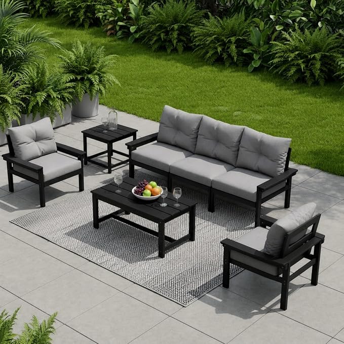 HDPE 4 Piece Patio Furniture Set, All-Weather Outdoor Couch with Thick Cushions & Coffee Table & Side Table, Patio Conversation Sets for Lawn, Garden, Porch, Balcony, Deck, Poolside,Black Grey