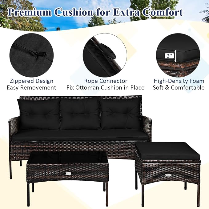 Tangkula 3 Pieces Patio Conversation Set, All Weather Outdoor PE Rattan Wicker Furniture Set with Padded Cushions, Tempered Glass Coffee Table, for Poolside, Backyard, Garden