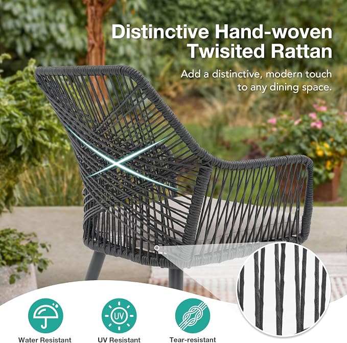 Patiorama 5-Piece Patio Dining Set, Outdoor Dining Table Chair Set, All-Weather Twisted Rattan Wicker Rope Conversation Set,Patio Furniture Set w/Umbrella Hole,Cushioned Chairs&Table(Black&Cross Back)