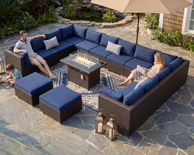 BULEXYARD 15 Piece Highback Wicker Patio Furniture Sets with Firepit, All-Weather Heavy Duty Outdoor Conversation Set Modular, Extra Deep Wide 14-Seats Sectional Couch Sofa for Backyard, Brown & Blue