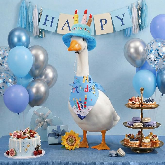 Happy Birthday Goose Outfit Porch Goose Outfits with Happy Birthday Cake Hat and Bandana Yard Geese Outfits for 23" 17" Cement/Plastic Porch Goose Outdoor Statue Patio Yard Lawn Art (Blue)