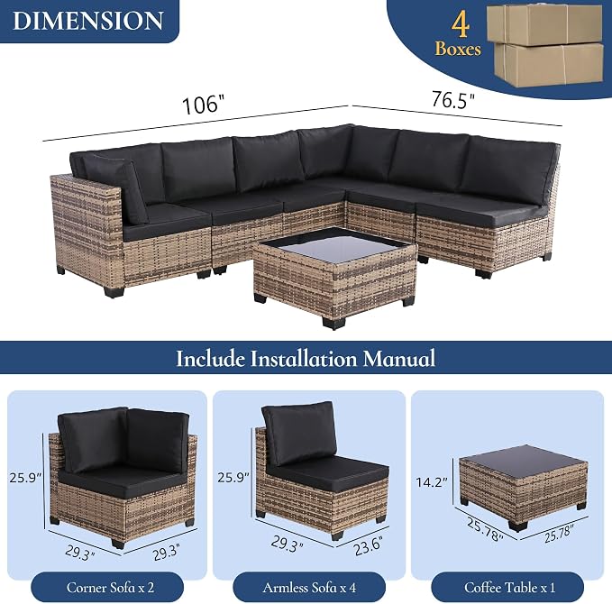 FHFO 14 Piece Outdoor Wicker Patio Furniture Set, Yellow/Black | Sectional Sofa | All-Weather Hand-Woven Rattan | Tempered Glass Coffee Table | Free Combination | Indoor & Outdoor Use