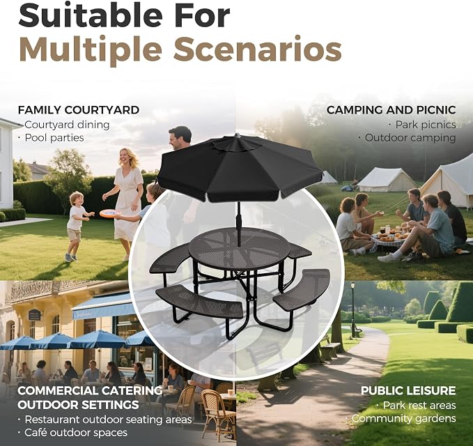 Round Heavy Duty Picnic Table for Outdoors Commercial Camping Table with Umbrella Hole up to 1.78" Black Coated Steel Frame Waterproof Rust Resistant 3200 lbs Load Capacity