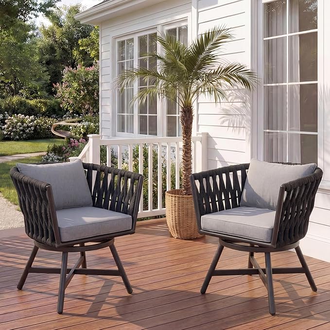 Grand patio Swivel Dining Chairs Set of 2, Rope Patio Outdoor Chairs with Cushions, Heavy Duty Outdoor Patio Bistro Chairs for Lawn,Garden,Deck,Backyard,Porch and Balcony, Light Gray