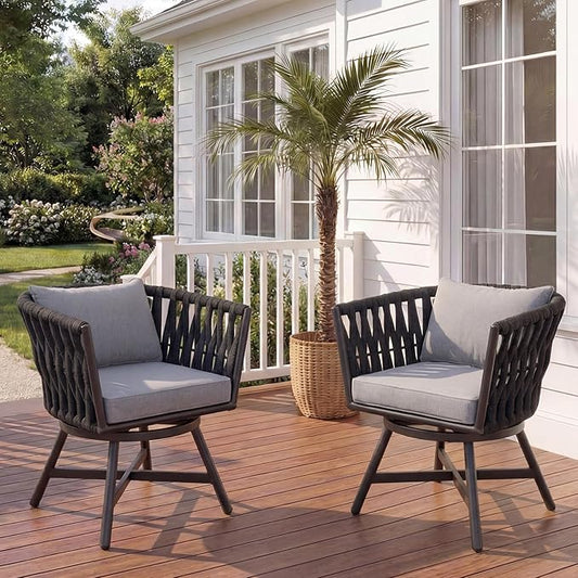 Grand patio Swivel Dining Chairs Set of 2, Rope Patio Outdoor Chairs with Cushions, Heavy Duty Outdoor Patio Bistro Chairs for Lawn,Garden,Deck,Backyard,Porch and Balcony, Light Gray