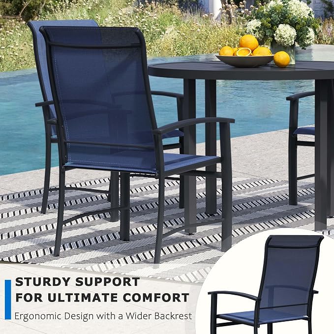 9-Piece Outdoor Dining Set for 8 – 60" Black Round Patio Table with Umbrella Hole & 8 Blue Outdoor Dining Chairs with Armrests, Large Poolside Furniture