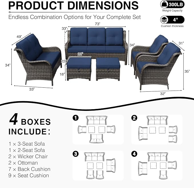 Joyside 6 Piece Wicker Patio Furniture Set, Rattan Patio Chairs with High Back, Deep Seating, Wide Armrest, Thickened Cushions, Outdoor Furniture for Deck, Porch Use
