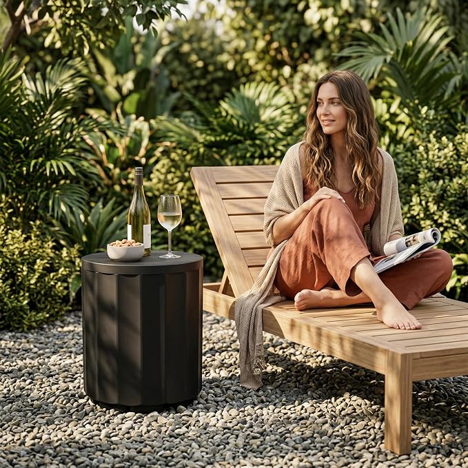 Outdoor Cooler Side Table, 2-in-1 Versatile Ice Cooler Table, Broad Fluted Outdoor Accent Table with Hangable Lid, All-Weather Resistant for Patio Decor, Deck, BBQ, Beach, Black