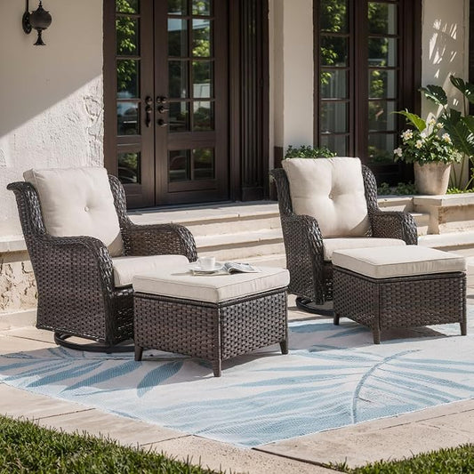 Outdoor Swivel Chairs-Patio Swivel Glider Chairs with Ottomans Outdoor Conversation Set for Deck Balcony Poolside Backyard-Brown/Beige