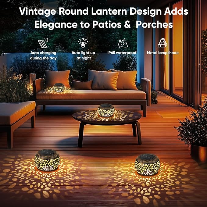 Outdoor Solar Lanterns Patio Decor: 4 Pack Bronze Waterproof Solar Lights | Hollow Out Retro Metal Garden Lantern, Warm White & Cool White, Tabletop Balcony Yard, Birthday Gifts for Mom & Garden Lovers