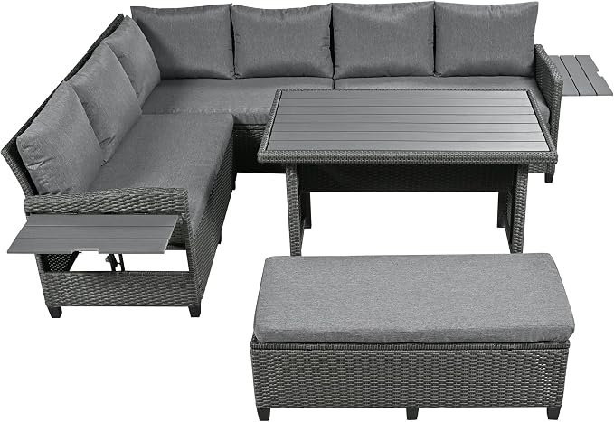 GDFStudio Brava Patio 5-Piece Conversation Set, Outdoor Rattan Sectional Sofa Set with Extendable Side Tables, Dining Table and Bench, L Shaped PE Wicker Furniture Set for Garden, Poolside, Grey