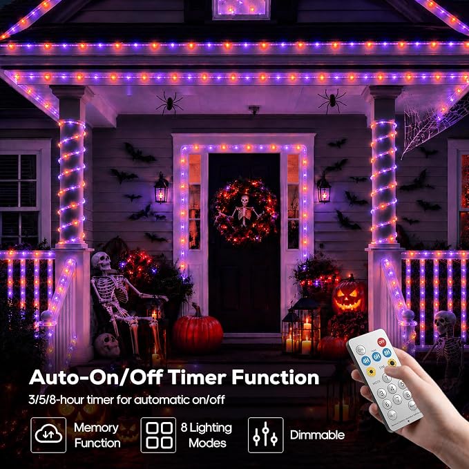 Halloween Decoration Solar Rope Lights 66FT 200LED 1800mAh -Purple & Orange | Type C & Solar, With Remote, Waterproof, Timing, 8 Modes, for Halloween Party Autumn Christmas Decoration