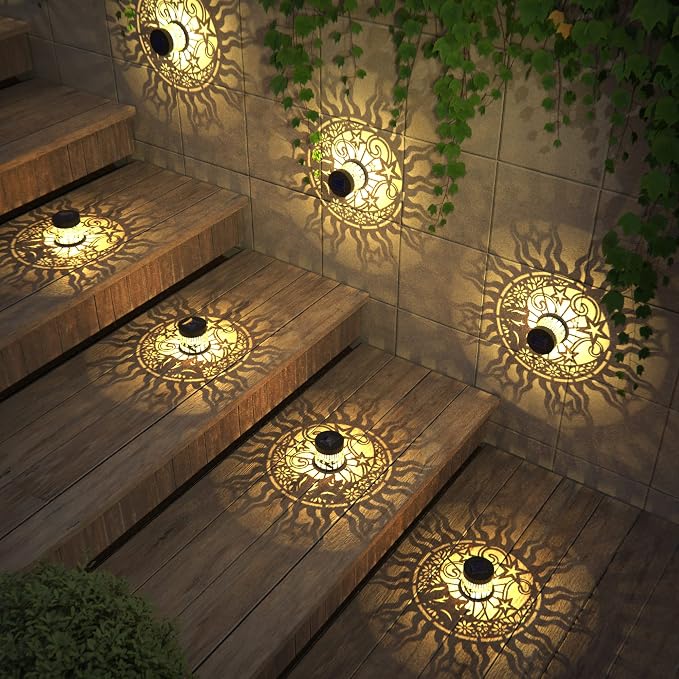 gardencave 2 Pack Solar Fence Lights Metal Solar Powered Outdoor Wall Deck Lights Sun Moon Theme Waterproof Fence Light for Garden Post Patio Backyard Yard Decor (Face, 2 Pack)