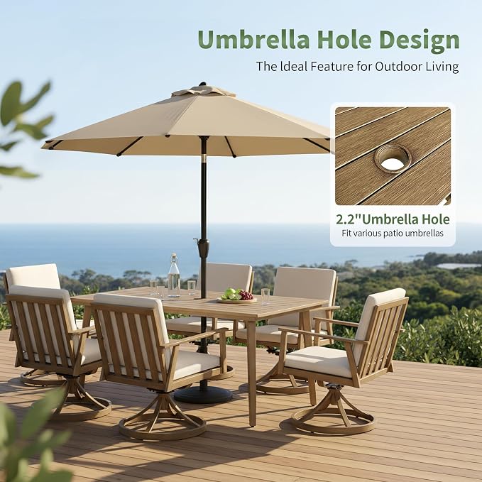 7 Pieces Patio Dining Set for 6, Aluminum Outdoor Dining Table Sets with Umbrella Hole, Modern Outdoor Patio Furniture Set with 6 Swivel Chairs and Table for Backyard, Poolside and Deck,Teak
