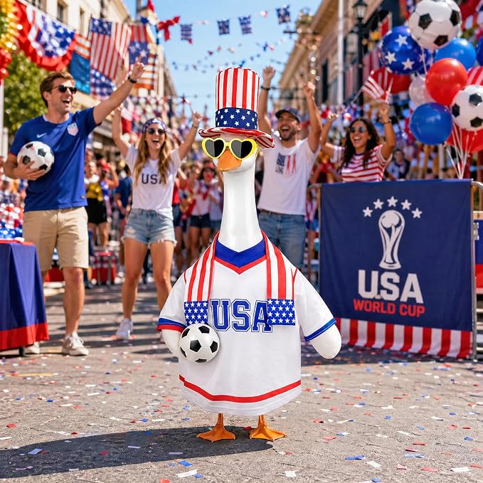2026 World Cup Porch Goose Outfit, 23" High Lawn Goose Statue Soccer Fan Costume Clothing, FIFA World Cup 2026 Porch Garden Geese Clothes with Hat for Outdoor Patio Yard