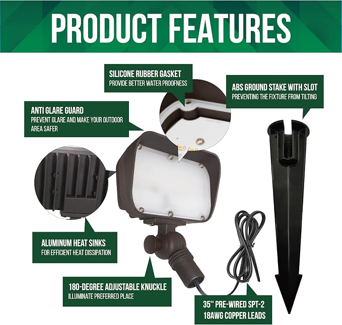 7W LED Outdoor Flood Light, Low Voltage Landscape Lighting, Waterproof Security Wall Lighting Fixture, 9-15V, 480 Lumen, 3000K, 1/2" Adjustable Knuckle Mount, Die-cast Aluminum, Brown