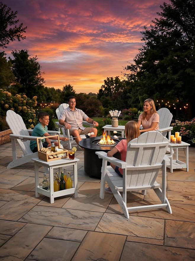 LUE BONA Outdoor Side Table, 2-Tier HDPE Small Outdoor End Table with Rail for Patio, Deck, Poolside, Low Maintenance & Weather Resistant, White