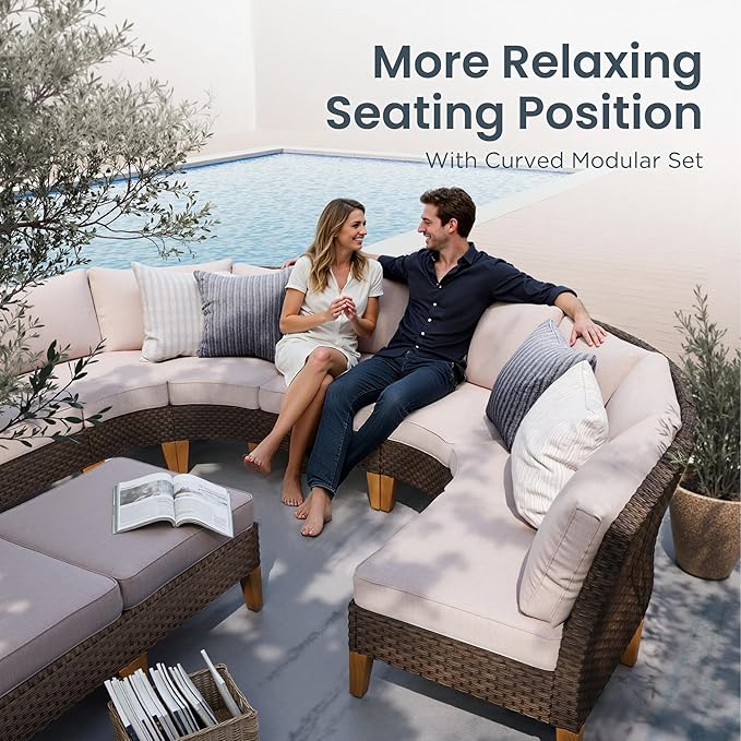 PHI VILLA 3-Piece Wicker Patio Furniture Set, Outdoor Curved Sectional Sofa Conversation Set with Cushions, Half-Moon Modular Couch for Garden, Deck, Backyard, Beige