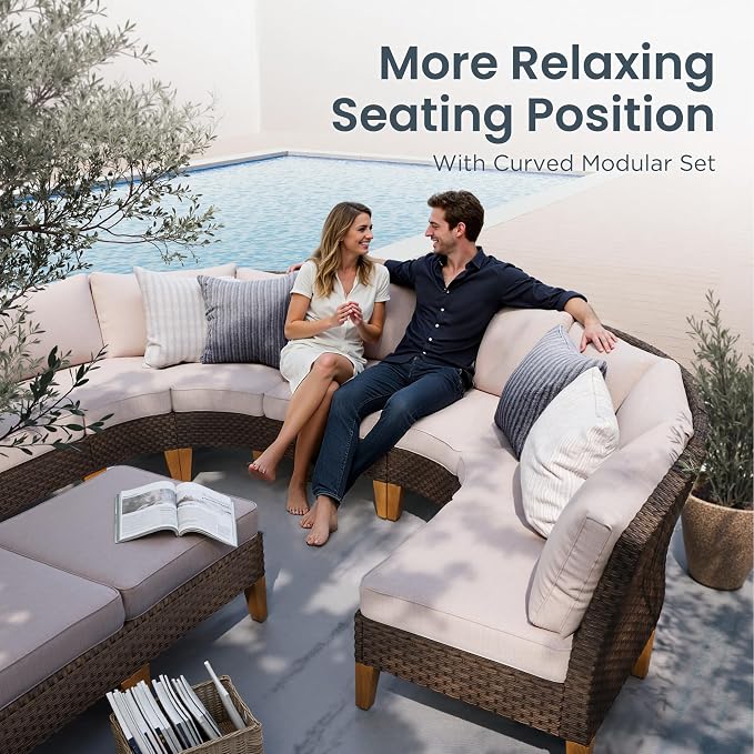 PHI VILLA 7-Piece Half Moon Patio Furniture Set with 56" Fire Pit Table, Outdoor Wicker Sectional Sofa with Thick Beige Cushions, Large Curved Conversation Seating for Garden or Backyard