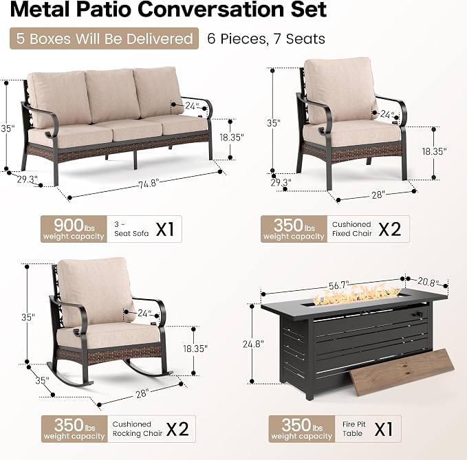 SUNSHINE VALLEY 6 Piece Metal Outdoor Patio Furniture Sets with Firepit Table, Patio Conversation Sets 1 3-Seater Sofa, 2 Leg Chair and 2 Rocking Chair with 5.75" Cushion for Backyard Deck, Beige