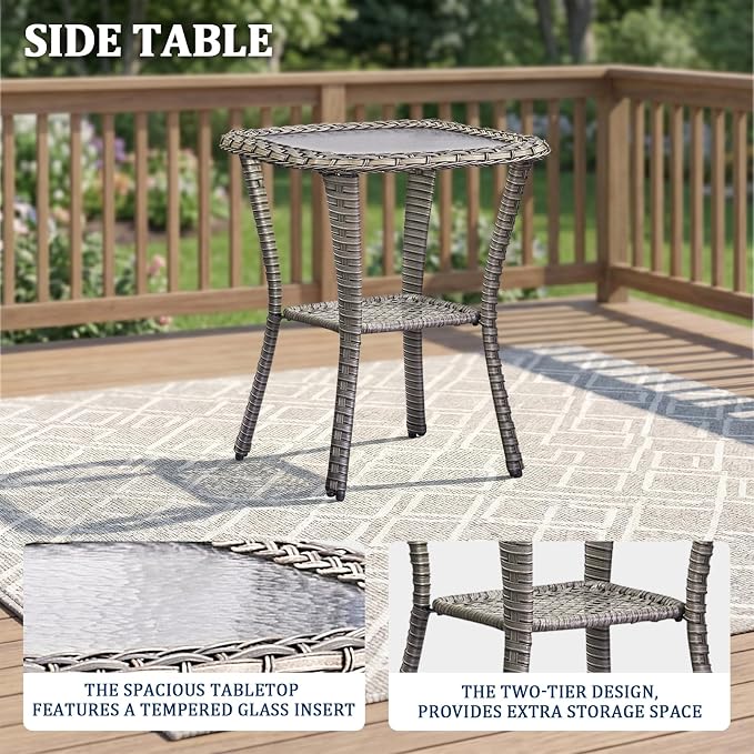 Luxury Swivel Rocker Chairs Set with 6" Thick Cushion 3 piece Wicker Outdoor Swivel Rocker Patio Chair with Side Table High Back Comfortable Outdoor Patio Furniture Set - Gery | Beige