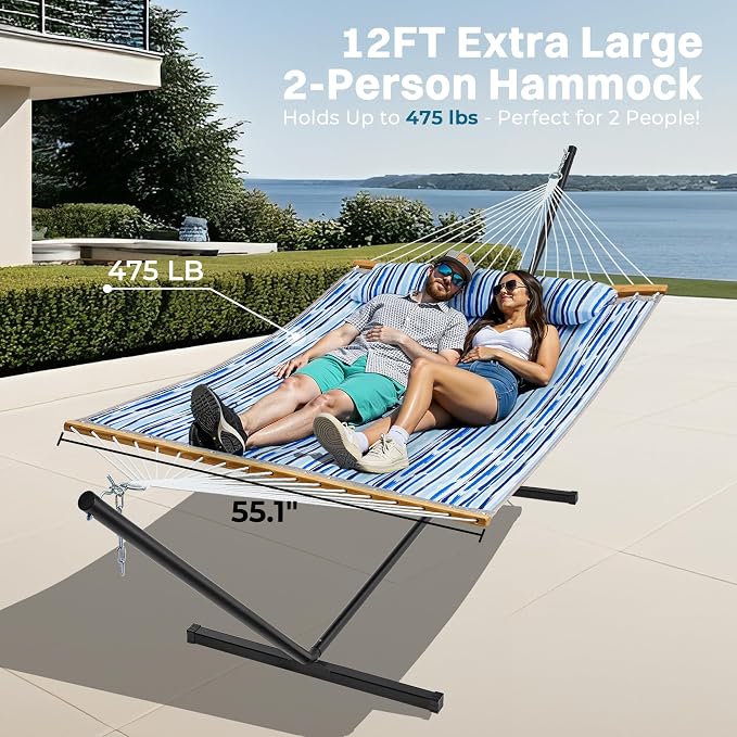 SUPERJARE Hammock with Stand, 2 Person Quilted Outdoor Hammock, Detachable Pillow & Bamboo Spreaders, Portable Hammock with Carrying Bag, Heavy Duty Stand, Perfect for Outside, Patio, Graffiti Blue