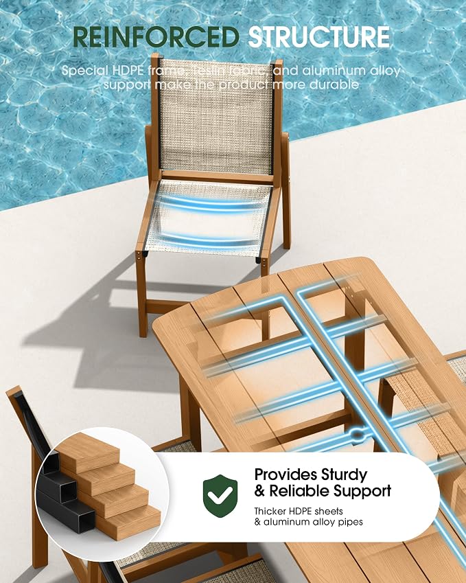 HDPE Outdoor Patio Dining Set with Table & 4 Stackable Armless Textilene Chairs, All-Weather 5-Piece Dining Table Set with Umbrella Hole, Patio Furniture for Garden, Poolside, Backyard, Deck | Teak