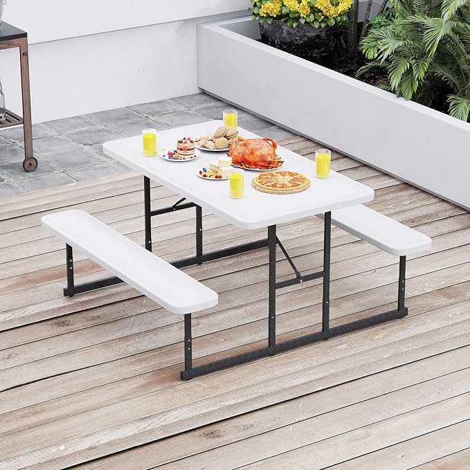 LDAILY Picnic Tables with Benches, Rectangular Dining Table Set for Outside 4 People, HDPE Tabletop, Metal Frame, Umbrella Hole, Heavy Duty Picnic Table for Outdoors, Patio, Lawn, Commercial (White)
