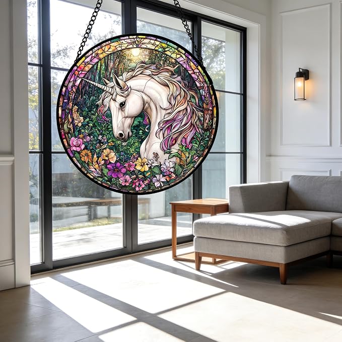 DASTOLL Stained Glass Window Hanging, Unicorn Flowers Suncatcher for Doors Home Sun Catchers Decoration and Christmas, Mother's Day Birthday Gifts for Women, Men, and Mom 9.8 in