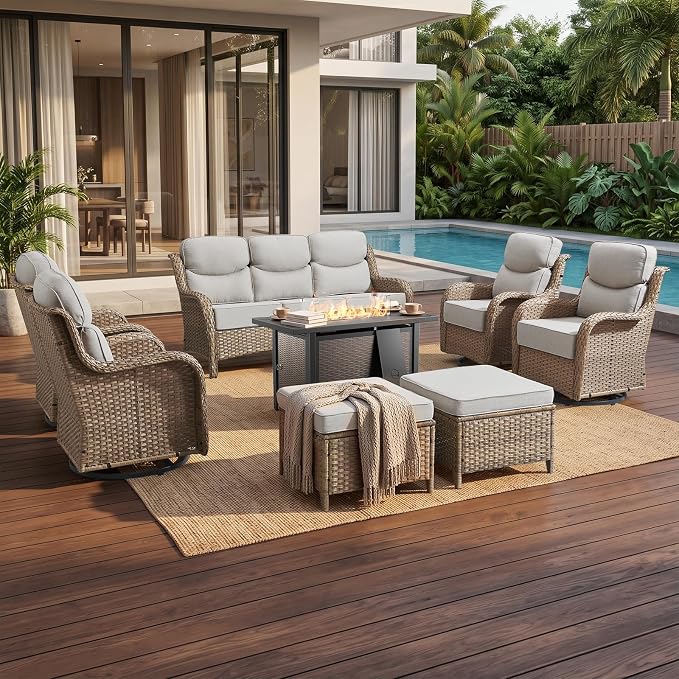 Luxury High Back Outdoor Furniture 6-Inch Thick Cushions with 50,000 BTU Gas Propane Fire Pit Tablet, Patio Furniture Set with Swivel Chairs, 8 PCS for Porch, Balcony, Deck and Yard