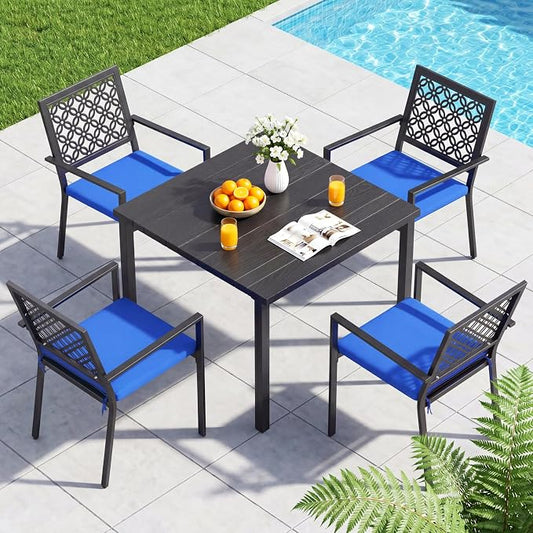 LuxaDomus 5 Piece Outdoor Dining Set, Wood Grain Square Outdoor Patio Table and Chairs Set, Metal Dining Set with with 4 Spacious Dining Chair, All Weather Patio furniture Set for Deck Garden Poolside