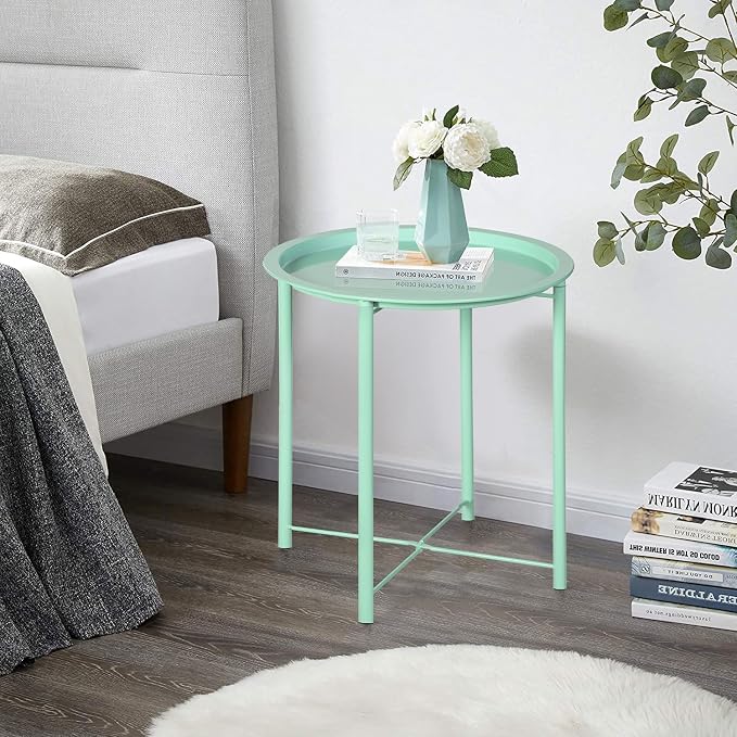 VECELO Side/End Table, Folding Round Metal Anti-Rust and Waterproof Outdoor or Indoor Tray for Living Room Bedroom Balcony and Office, 2 PCS, Light Green