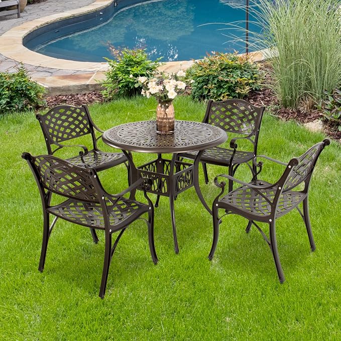 YUSING 5 Piece Patio Bistro Set，Cast Aluminum Antique Copper Outdoor Furniture Round Bar Height Dining Table and Swivel Chairs for Garden, Porch (4 Chair+35" Table)