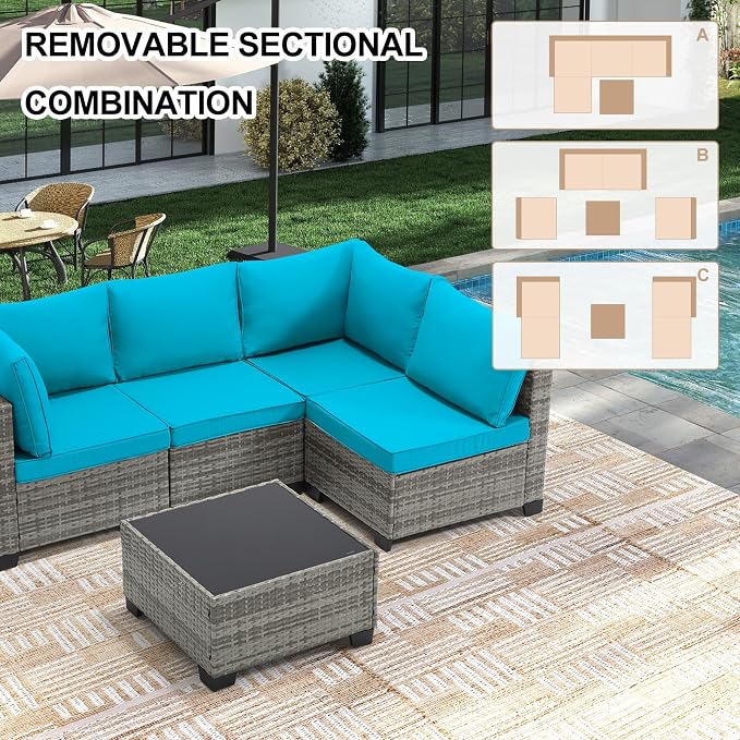 CANMOV 5 Pieces Patio Furniture Sets, All Weather Outdoor Patio Conversation Set, PE Wicker Rattan Sectional Sofa Couch Glass Coffee Table Washable Cushions for Backyard, Porch, Poolside, Peacock Blue