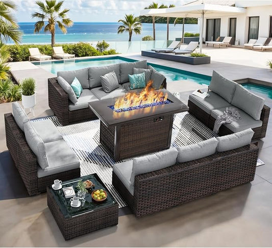 Patio Furniture Set 12 Pieces with 44" Fire Pit Table, Rattan Outdoor Sectional Conversation Sets, All Weather Outdoor Furniture Set with Cushions for Garden Lawn Balcony Porch Deck Grey