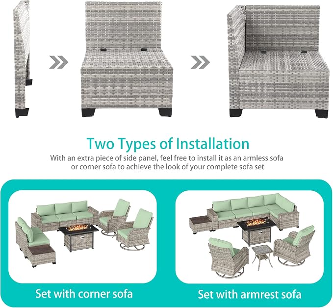 10-Piece Outdoor Patio Furniture Set with Rocking Swivel Chair, PE Wicker Rattan Sectional Sofa Patio Conversation Set with 55,000 BTU Fire Pit Table & Coffee Table, Light Green