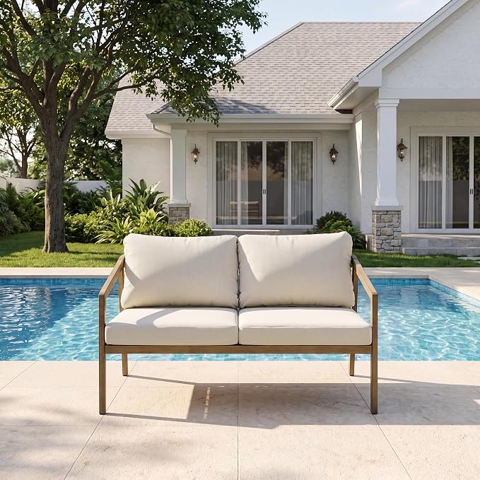 Outdoor Patio Loveseat Sofa, Aluminum 2-Seater Conversation Set with Washable Thick Cushions, Never-Rust Modern Garden Couch Bench for Porch, Poolside, Backyard (Brown+Beige)
