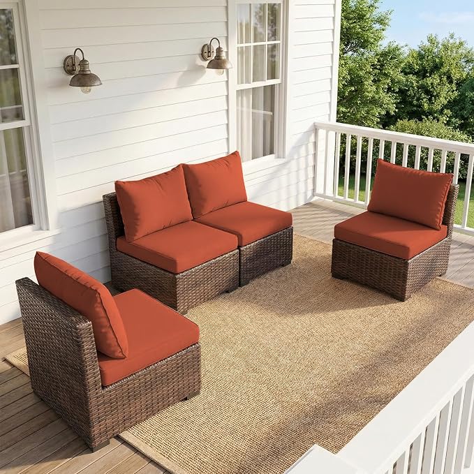 4 Pieces Patio Furniture Set, Outdoor PE Rattan Sectional Sofa with Soft Cushions for Backyard, Porch, and Poolside (Red, 4 PCS)