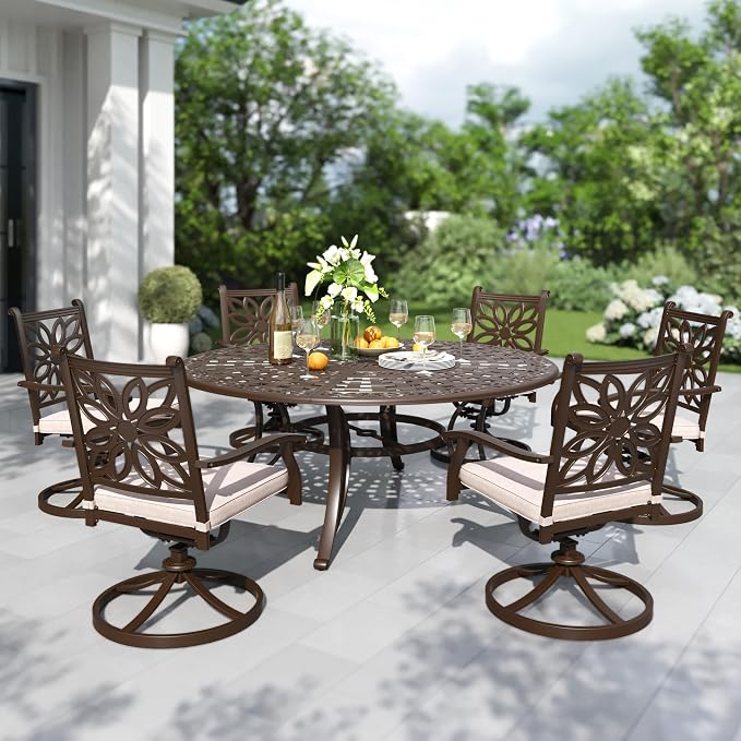 PHI VILLA Patio Dining Set, Swivel Chairs, 54" Round Cast Aluminum Table | Cast Aluminum chairs, Bronze (Swivel Chairs), 2.1 umbrella hole, 360° swivel, rocking, Cushions, E-coated