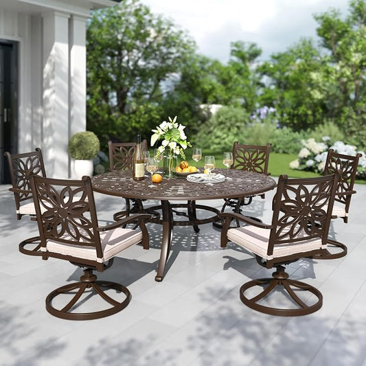PHI VILLA Patio Dining Set, Swivel Chairs, 54" Round Cast Aluminum Table | Cast Aluminum chairs, Bronze (Swivel Chairs), 2.1 umbrella hole, 360° swivel, rocking, Cushions, E-coated