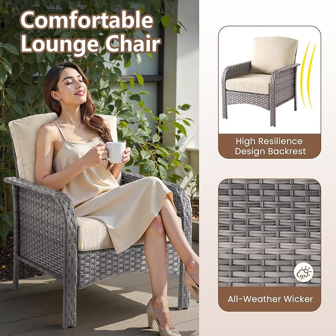 4 PCS Outdoor Patio Furniture Set with Glass Table, All-Weather Rattan Wicker Outdoor Conversation Set with Thickened Cushions for Balcony Backyard Garden Lawn,Beige