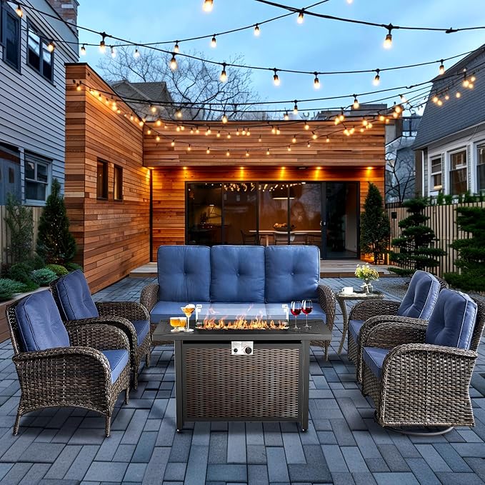 HUMMUH 7 Piece Patio Furniture Set with Fire Pit Table,Wicker Patio Swivel Rocker Outdoor Chairs 3-Seat Sofa for Porch,Poolside,Deck