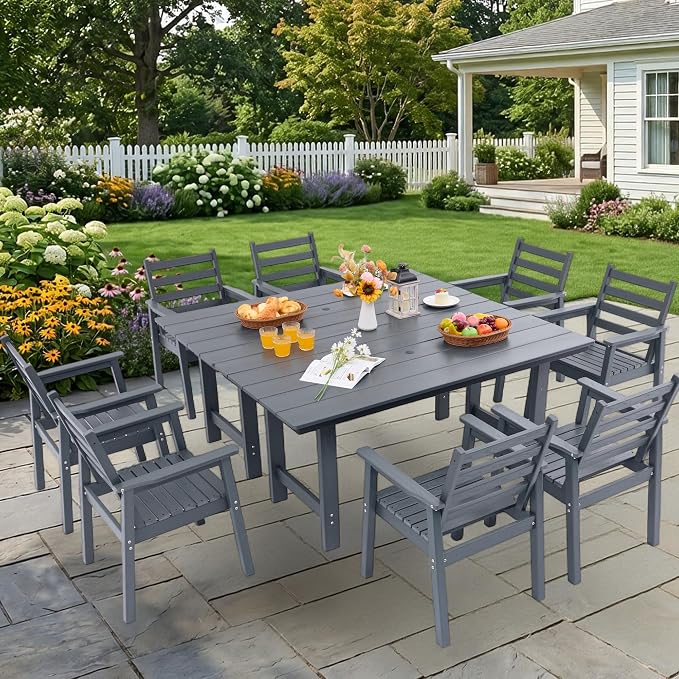10-Piece Outdoor Dining Set, All-Weather HDPE Patio Furniture, Two 66.5" Slatted Table with 1.6" Umbrella Hole & 8 Ergonomic Armchairs, Heavy Duty 350lbs Capacity, UV Resistant, Gray