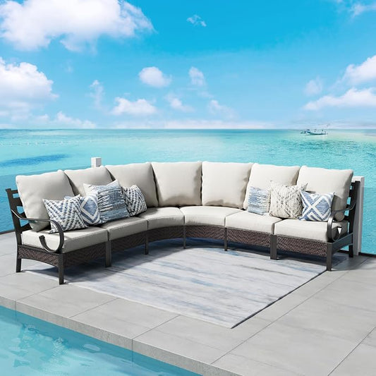 PHI VILLA 6 Piece Half Moon Patio Furniture Set, Outdoor Curved Wicker&Metal Sectional Conversation Set for Garden Balcony and Backyard