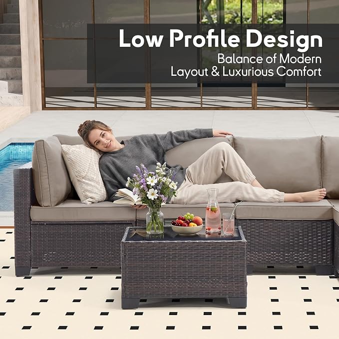 Bonzy Home 7 Pieces Outdoor Patio Furniture Set, PE Rattan Outdoor Sectional Furniture Sofa Set with Removable Cover and Glass Coffee Table, Patio Sofa for Balcony, Porch, Garden, (Brown-Khaki)