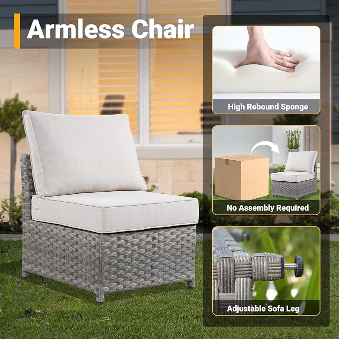 CAODOC 12 Pieces Outdoor Furniture Patio Sectional Sofa Couch Gray PE Wicker Conversation Sets with Ottomans Glass Coffee Table for Garden Poolside Backyard