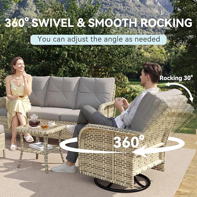 LazySunsets 7 Piece Outdoor Patio Furniture Set with 44'' Fire Pit Table, Wicker Rattan Outdoor Furniture with High Back Swivel Rocker Chairs, Outdoor Sofa Set with Thick Cushions, Grey
