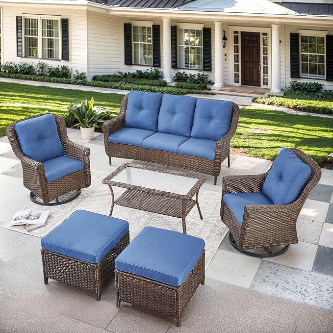 6 Pieces Wicker Patio Conversation Sets-Swivel Patio Chairs with Outdoor Sofa Outdoor Patio Furniture Set for Patio Deck Porch Garden Backyard-Brown/Blue
