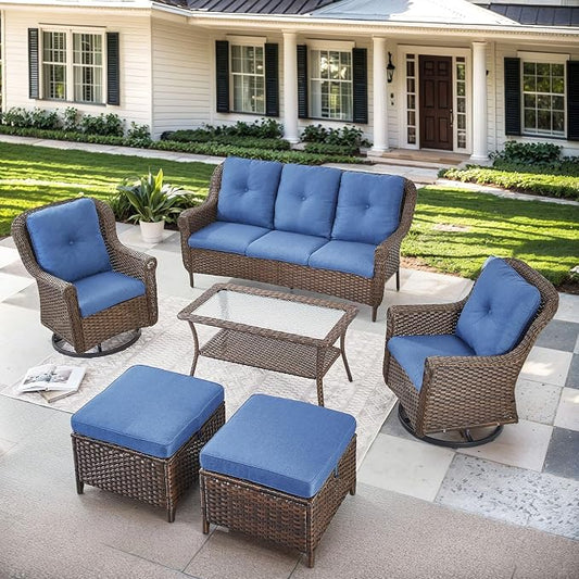 6 Pieces Wicker Patio Conversation Sets-Swivel Patio Chairs with Outdoor Sofa Outdoor Patio Furniture Set for Patio Deck Porch Garden Backyard-Brown/Blue